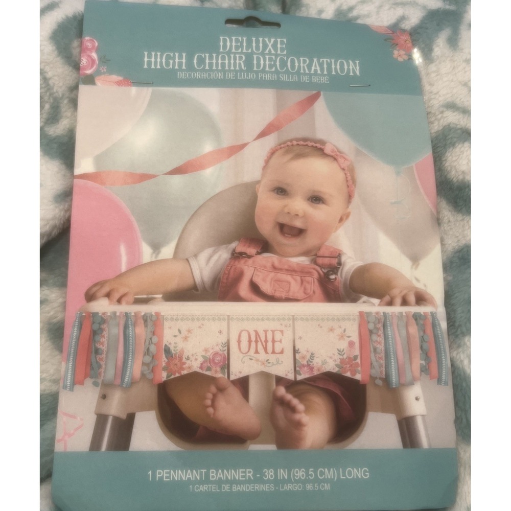 Deluxe High Chair Decoration -38"--Pennant Floral Banner--1st Birthday Girl